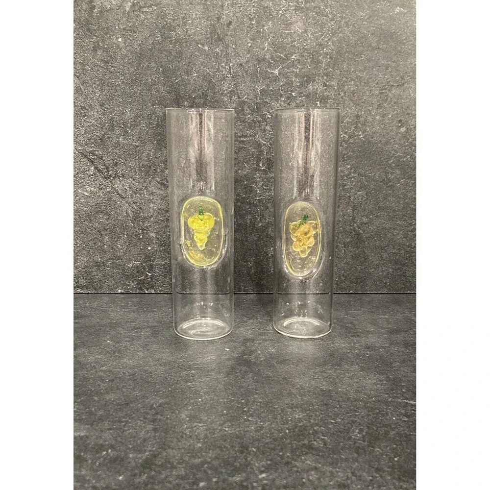 2 Hand Blown Glass Shot Glasses 3-D Glass Yellow Grapes Vintage